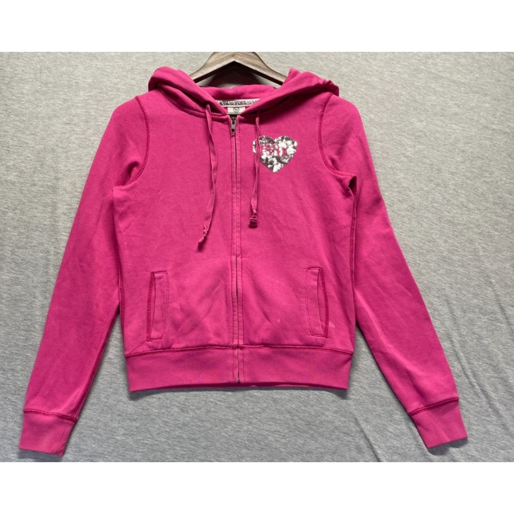 Pink Victoria's Secret Hoodie Women XS Pink Silver Sequin Spellout Logo Full Zip